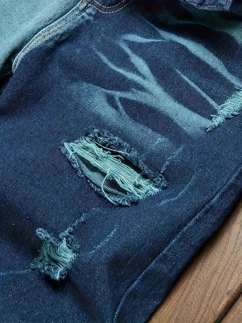 Men's Color Block Ripped Denim Jeans - Breathable, Slim-fit, Mid Waist Casual Cotton