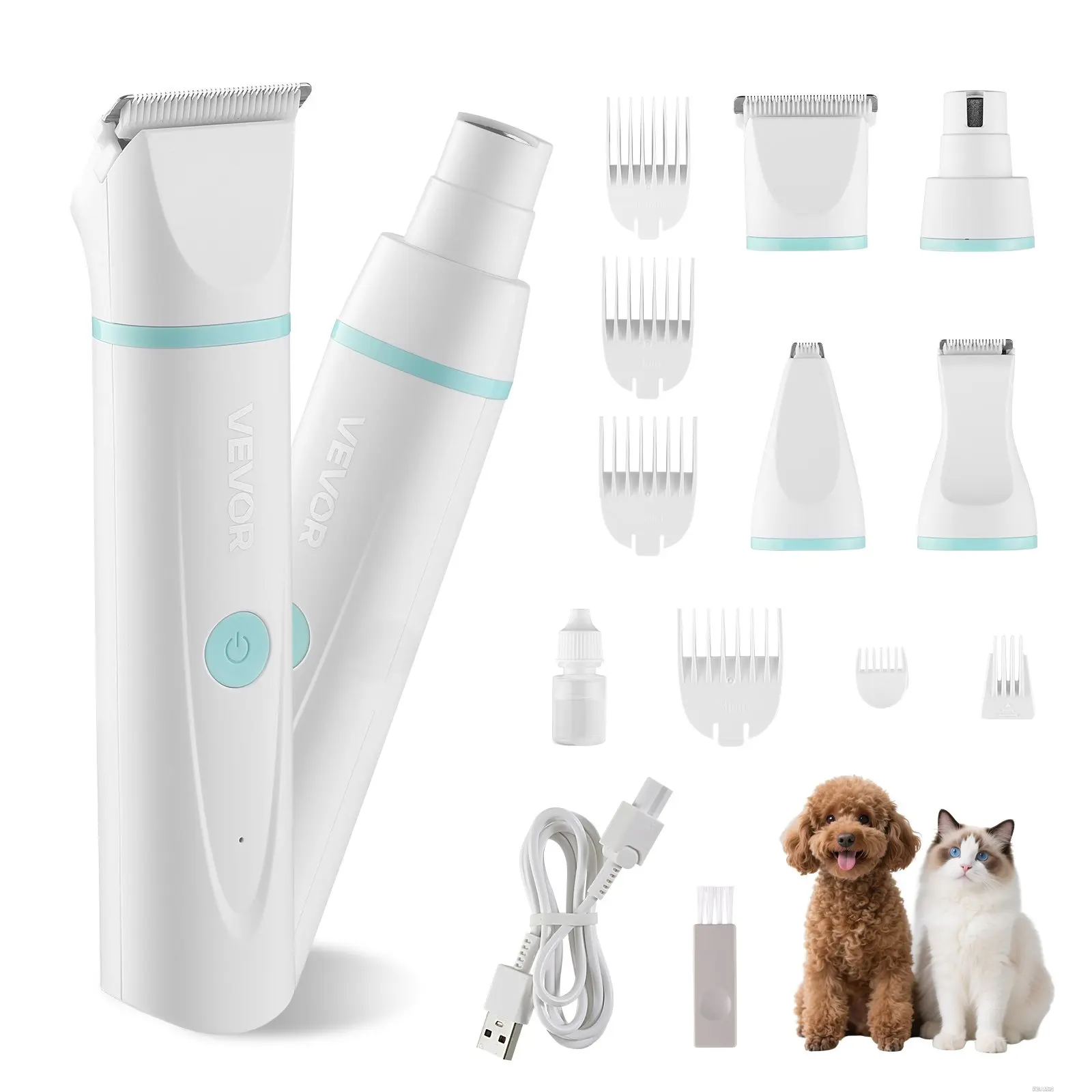 VEVOR 4-in-1 ABS Plastic-Steel Dog Grooming Tool Kit, Rechargeable Low-Noise USB-Powered Cordless Clippers with 6 Guide Combs, 4 Replaceable Dual-Material Blades, Waterproof Trimmers, Nail File, Skin Safe Quiet Motor (6.38x1.57x1.38 in, 60 Mins Runtime),