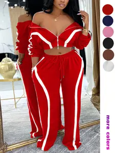 Fashion Women's Two-Piece Set, Colorblock Patchwork Long Sleeve Casual, Short Top + Wide Leg High Waist Pants, Street Style Sportswear, Fall & Winter Essential