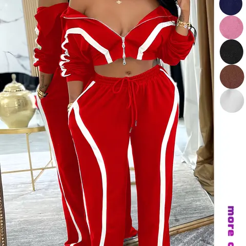 Fashion Women's Two-Piece Set Outfit, Colorblock Patchwork Long Sleeve Everyday Casual Clothes, Short Top + Wide Leg High Waist Pants, Street Style Sportswear, Lady Fall & Winter Essential, Womenswear