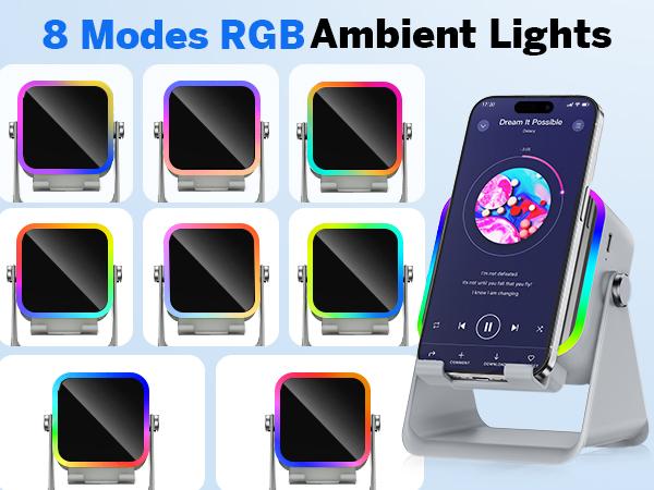[SummerWins] 5-in-1 Wireless Induction Audio & Bluetooth Speaker with Phone Holder, 3500mAh Rechargeable Emergency Power Bank, 8 RGB Ambient Light, 360° Adjustable Mobile Tablet Stand– Gifts for Friends, Family