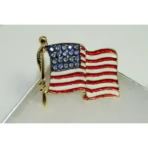 Gold-tone Enameled Rhinestone Accents American Patriotic Flag Brooch Pin - 4th of July Red White Blue Fashion Collar Clip Jewelry Gift, Fourth Of July