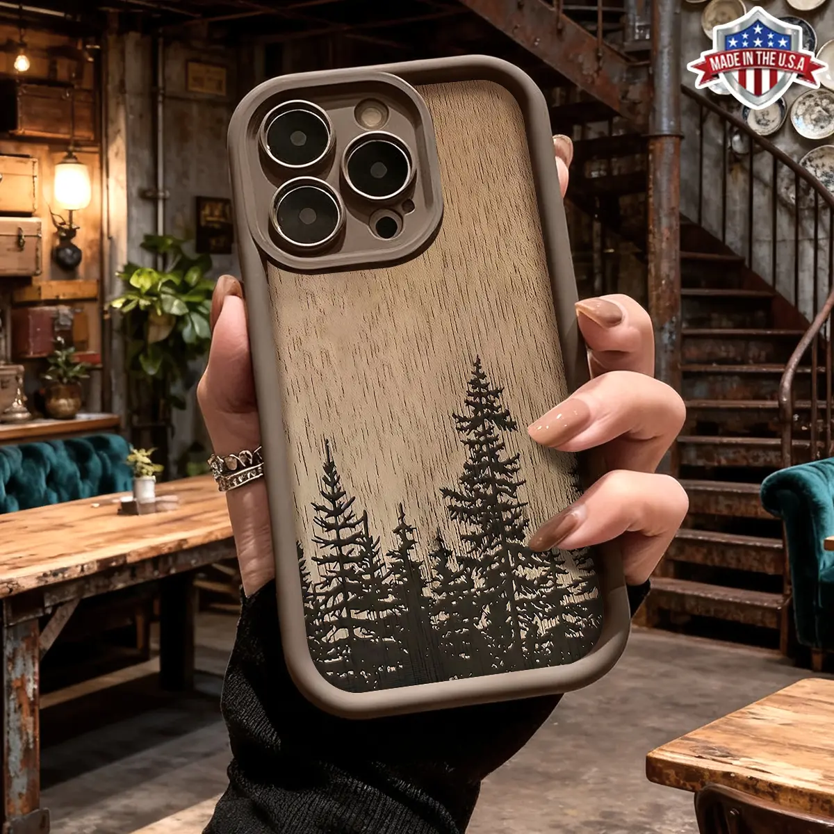 Vintage Pine Forest Silhouette Rustic Wood Phone Case for iPhone 17,16,15,14 Pro Max,13,12,11,XR,XS Plus Air - Vintage Wood Look Elevates Your Phone, Flexible For Daily Use, Resists Yellowing, Slim Lightweight Shockproof Anti-Drop Durable TPU Cover