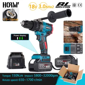 Hormy 150N.m Brushless Impact Drill 3.0Ah Dual Battery Pack High Power Home 3 Function Dual Speed Lithium Electric Screwdriver
