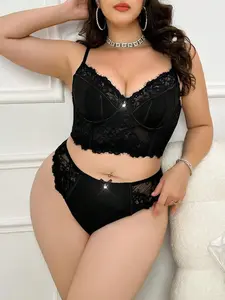 Plus Contrast Lace Underwire Bra & Panty Lingerie Set Fantasy-Elegant Longline Bra Multicolor Briefs Medium Support Adjustable Straps for Bride Bridesmaid