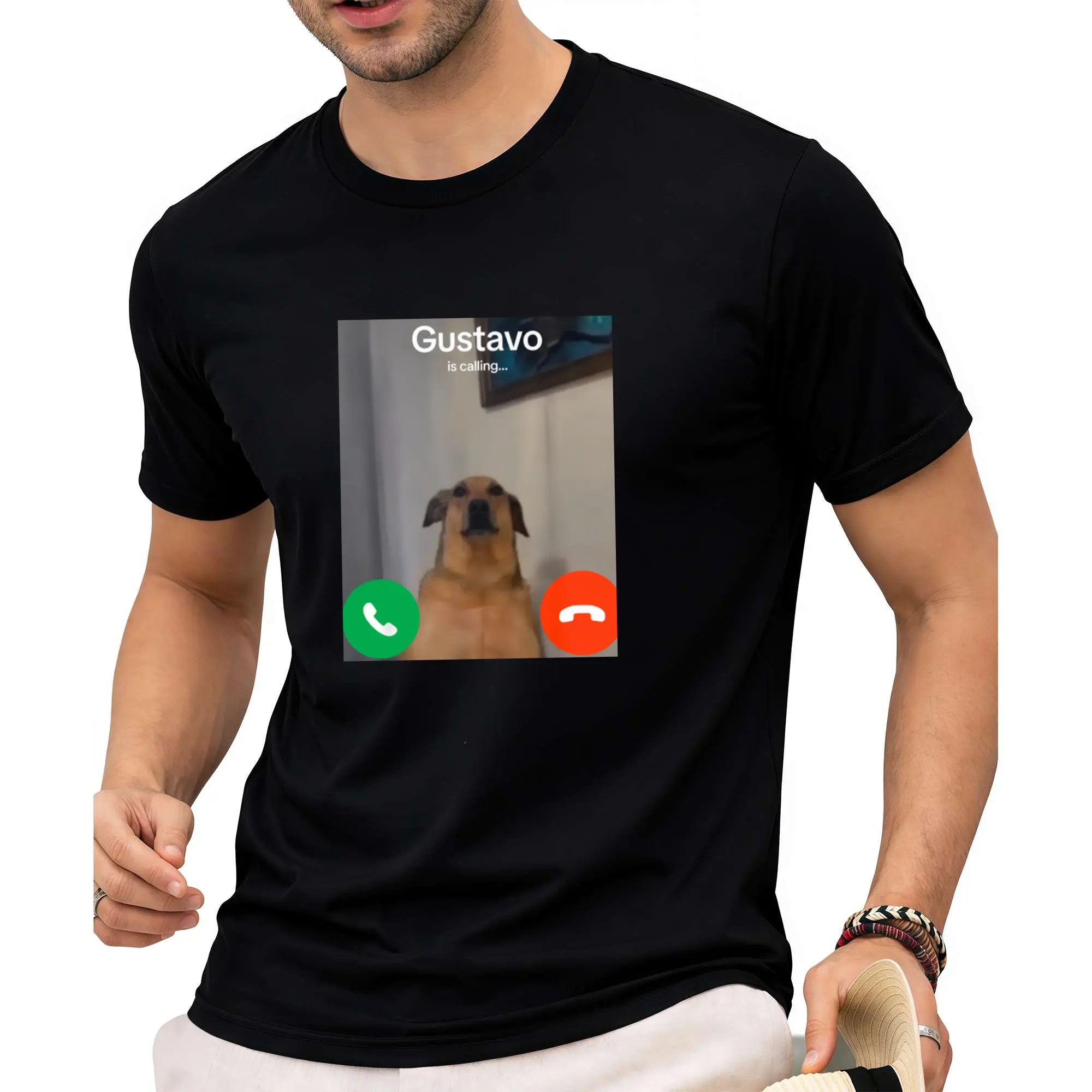 Men's Graphic T-Shirt, 'Gustavo Is Calling' Meme Print, 100% Cotton Casual Streetwear Top with Regular Fit and Short Sleeves, Graphic Print, Round Neck, Men's T Shirts, T Shirts