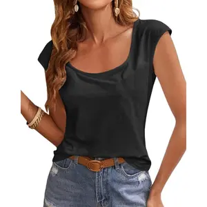 Imily Bela Essentials Women's Cap Sleeve Scoop Neck T Shirt Casual Solid Color Basic Tee Shirts Blouses Tank Tops Black