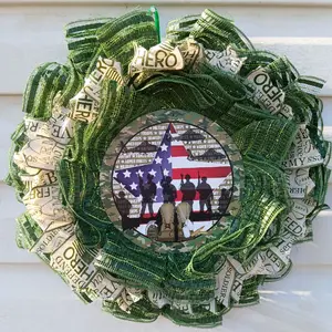 Military Wreath with green mesh Army ribbon and hero sign for Patriotic decor