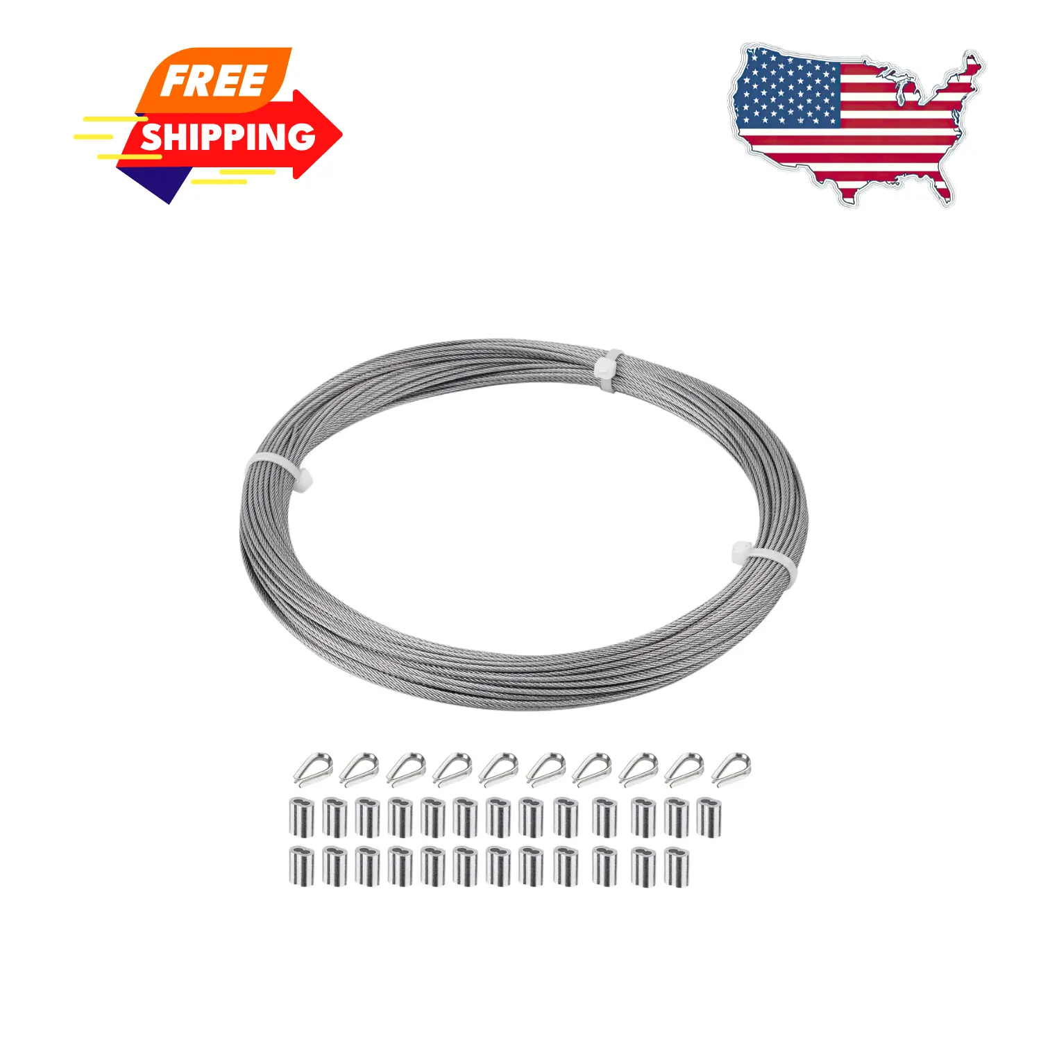 1/16 inch, 100FT Aircraft  Stainless Steel Wire Cable, Length 7x7 Strand Core with Aluminum Sleeves and Thimbles