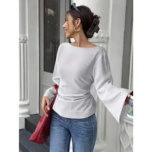 Women's Solid Color Boat Neck Long Flare Sleeve Ruched Fashionable Versatile Blouse Shirt
