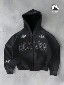 Unisex Street Style Casual Drawstring Hooded Hoodie, Autumn Winter Heaven Letter Print Cotton Long Sleeve Zipper Front, Vintage Retro Fashion Gift