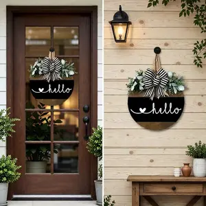 Classic Hello Sign Door Wreath, Artificial Flower Wreath - Manufactured Wood Floral Decor with Striped Bow, White Flowers & Greenery, Easy Door Mount for Home, Restaurant, Year-Round Welcoming Entryway Display, Home Decor, Decorative Floral Arr