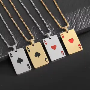 4pcs-Stainless Steel Playing Card Pendant Paved Spades A Necklace for Men Fashion Casual Punk Lucky Jewelry Gifts