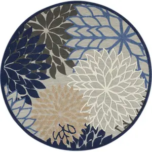 212 MAIN 8 ft. Round Blue Large Floral Contemporary Plant-Themed Indoor & Outdoor Area Rug, Versatile for Multi-Scenario Use, Contemporary Rugs, Plant-Themed Area Rugs