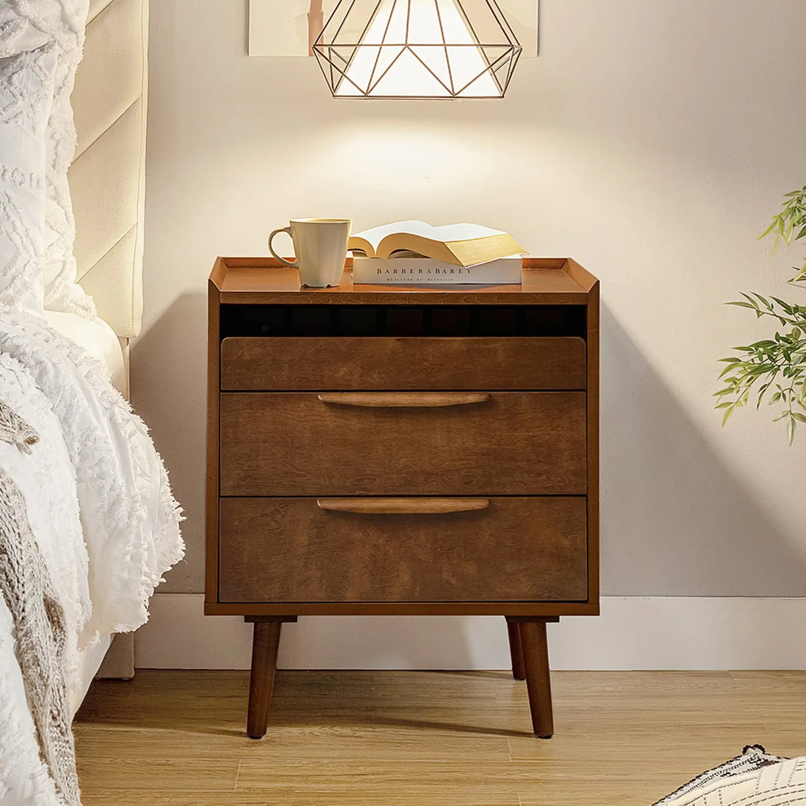 HULALA HOME  Janet  Mid-Century Modern End Table with Charging Station and Cable Management, 3-Drawer Nightstand with Solid Wood Legs, Waterproof Scratch-Resistant Surface, Raised Edge Design for Living Room Bedroom Bedside Use