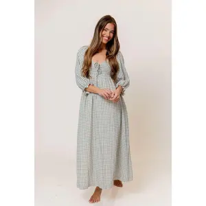 Cecilia 100% Cotton Smocked Maxi Dress in Light Indigo Plaid (Lined) - Bump Friendly