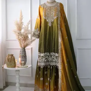 Palazzo Kurta Set - Elegant Pure Chinnon Silk Kurta with Heavy Embroidery, Sequences, Dupatta & Micro Cotton Inner for 38 - Weight 950g