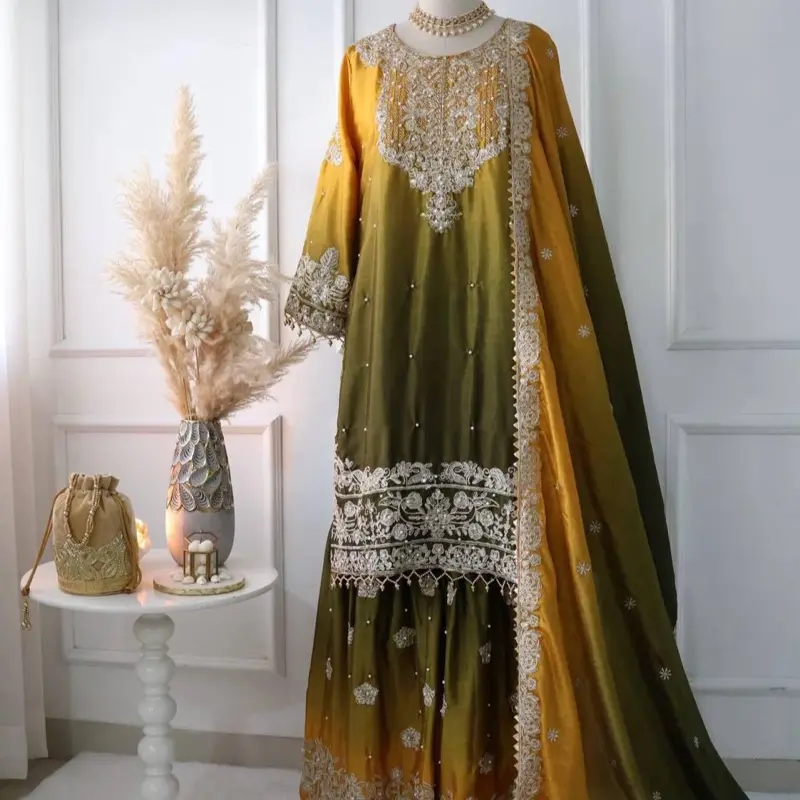 Palazzo Kurta Set - Elegant Pure Chinnon Silk Kurta with Heavy Embroidery, Sequences, Dupatta & Micro Cotton Inner for 38 - Weight 950g