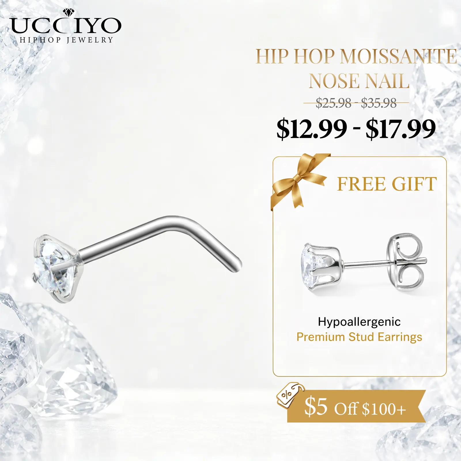 UCCIYO Nose Nail Lab-Created Moissanite Nose Nail, 2.8mm/3mm/3.5mm Moissanite, (20G)0.8mm Stainless Steel Nose Stud, Hiphop Jewelry Gifts for Men & Women Nose Studs Flat Back Nose Ring Piercing【#TZE010203 】
