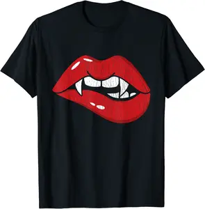 Retro Dracula Vampire Red Lips Teeth Bite Halloween Costume T-Shirt - Tylerjame Shop 42B0CH9N619M