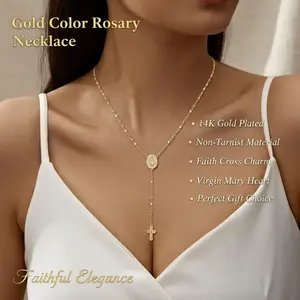 Rosary Necklace Faith Cross Virgin Mary Heart Charm Pendant 14 K Gold Plated Copper Chain Dainty Non Tarnish Jewelry Outfit Accessories for Women Girls Perfect Gift for gf her