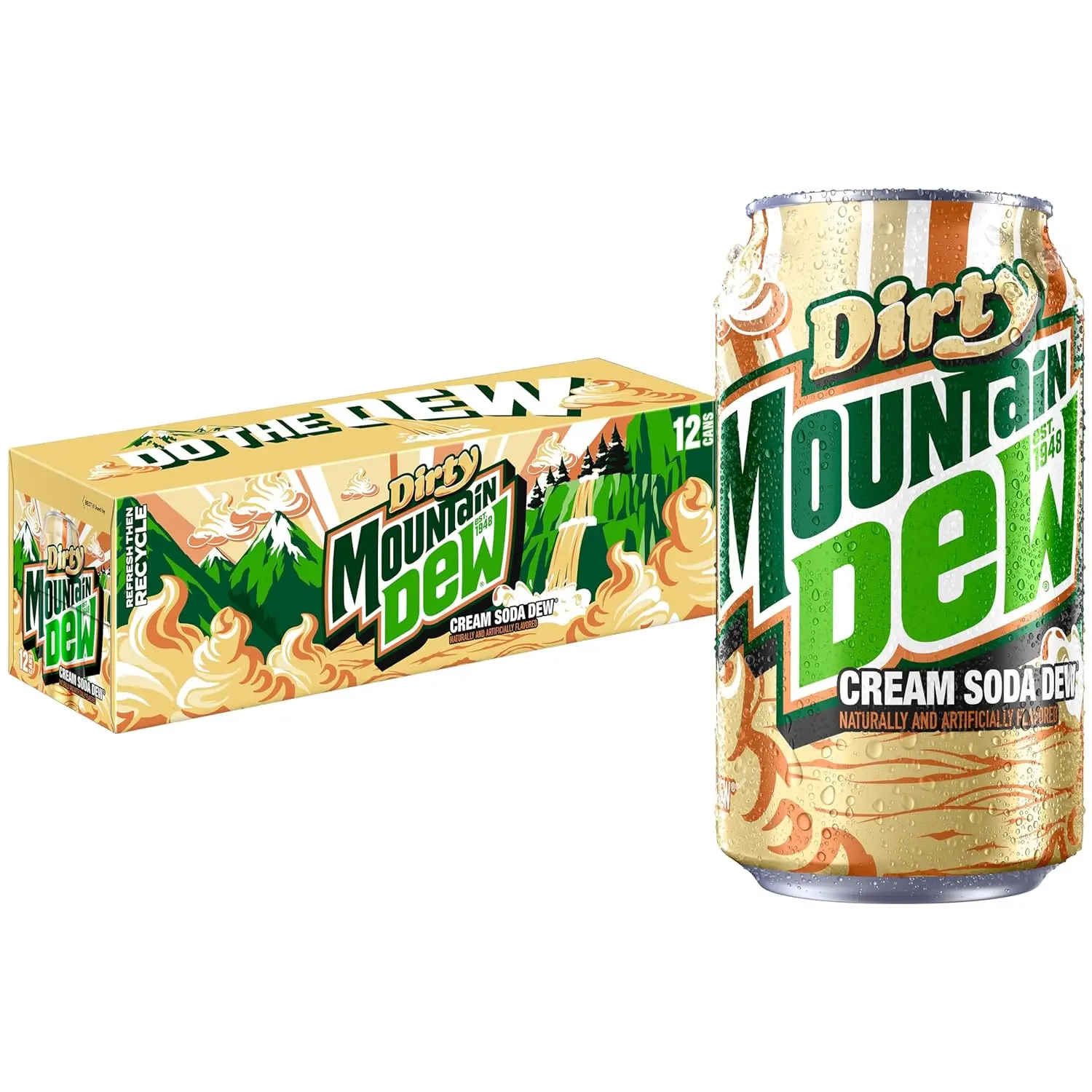 Mountain Dew Soda Pop, Dirty Mountain Dew, Cream Soda Dew, 12 fl oz Cans, (12 Pack) Mountain Dew Soda Pop, Dirty Mountain Dew, Cream Soda Dew, 12 fl oz Cans, (12 Pack)