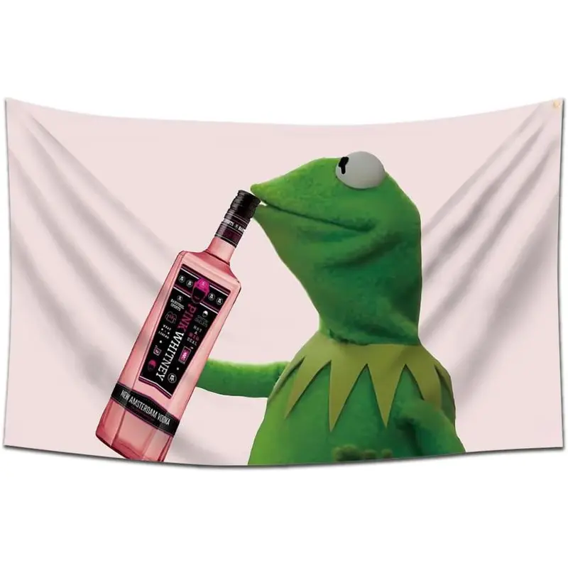 Kermit Sipping Pink Whitney Durable Polyester Tapestry Wall Hanging - 60x40in Lightweight Banner, Hand Washable Decoration, Bright Colors Energize Any Blank Wall, Colorfast for Lasting Charm, Indoor/Outdoor Fit for Many Rooms, Beach Towel Use, Living Room