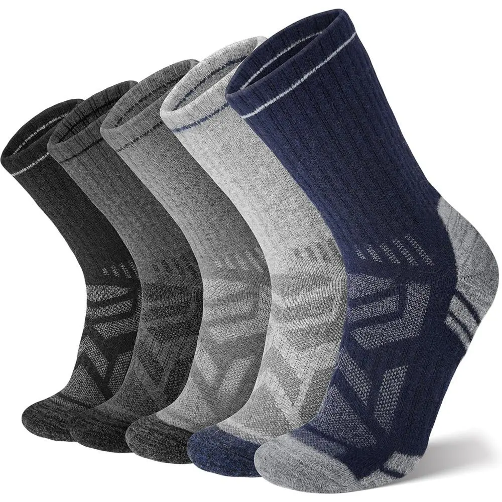 Unisex Merino Wool Blend Hiking Socks 5-Pair Set for Men-Women, Enhanced Breathability, Targeted Cushion, Thermal, Arch Support, Snug Fit - Ideal for Camping-Hiking, Christmas Gifts, M, Valentine’s Day, Female, Male, Adults, Large, Birthdays, 70% Wool, Hy
