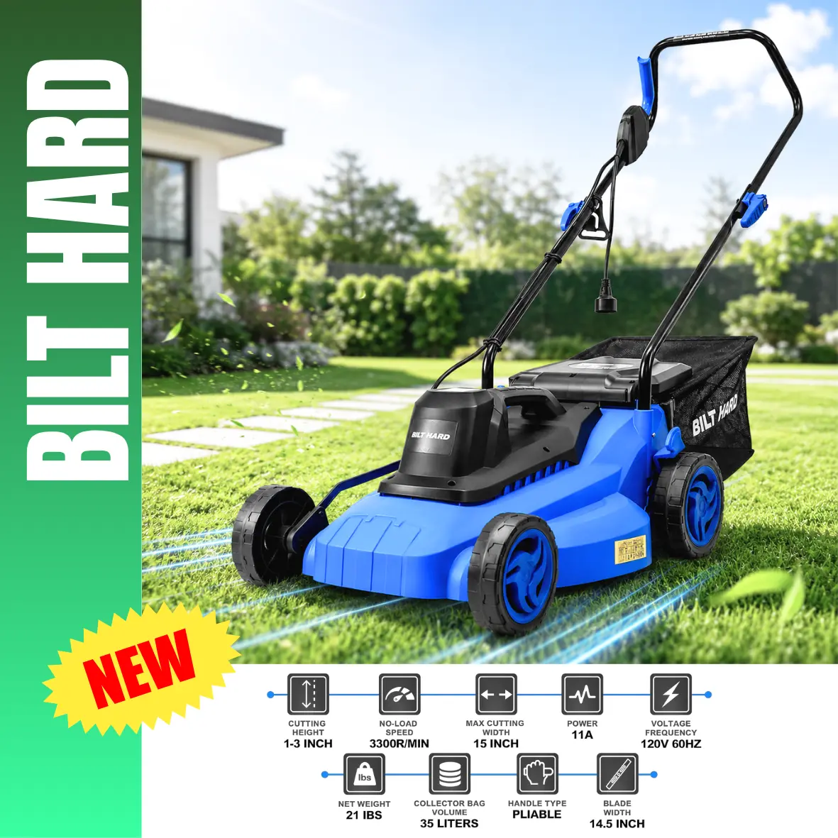 BILT HARD 120V 60Hz 11A 15 Inch Cutting Width 3300RPM 35L Bag 1.3-3L Grass Catcher 14.5 Inch Blade 21Lbs Net Weight Lawn Mower