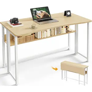 Folding Desk with Storage Shelf, 39.3 Inch Foldable Computer Table for Small Spaces, Space Saving Sofa Table for Couch, Writing Work Office Computer Desk, Easy to Fold, Oak