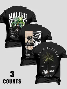 Summer Men's Breathable Casual Tropical Classic T-Shirt 3-Pack, Coconut Tree Print, American Vintage Beach Style, Loose-Fit Short Sleeve Top