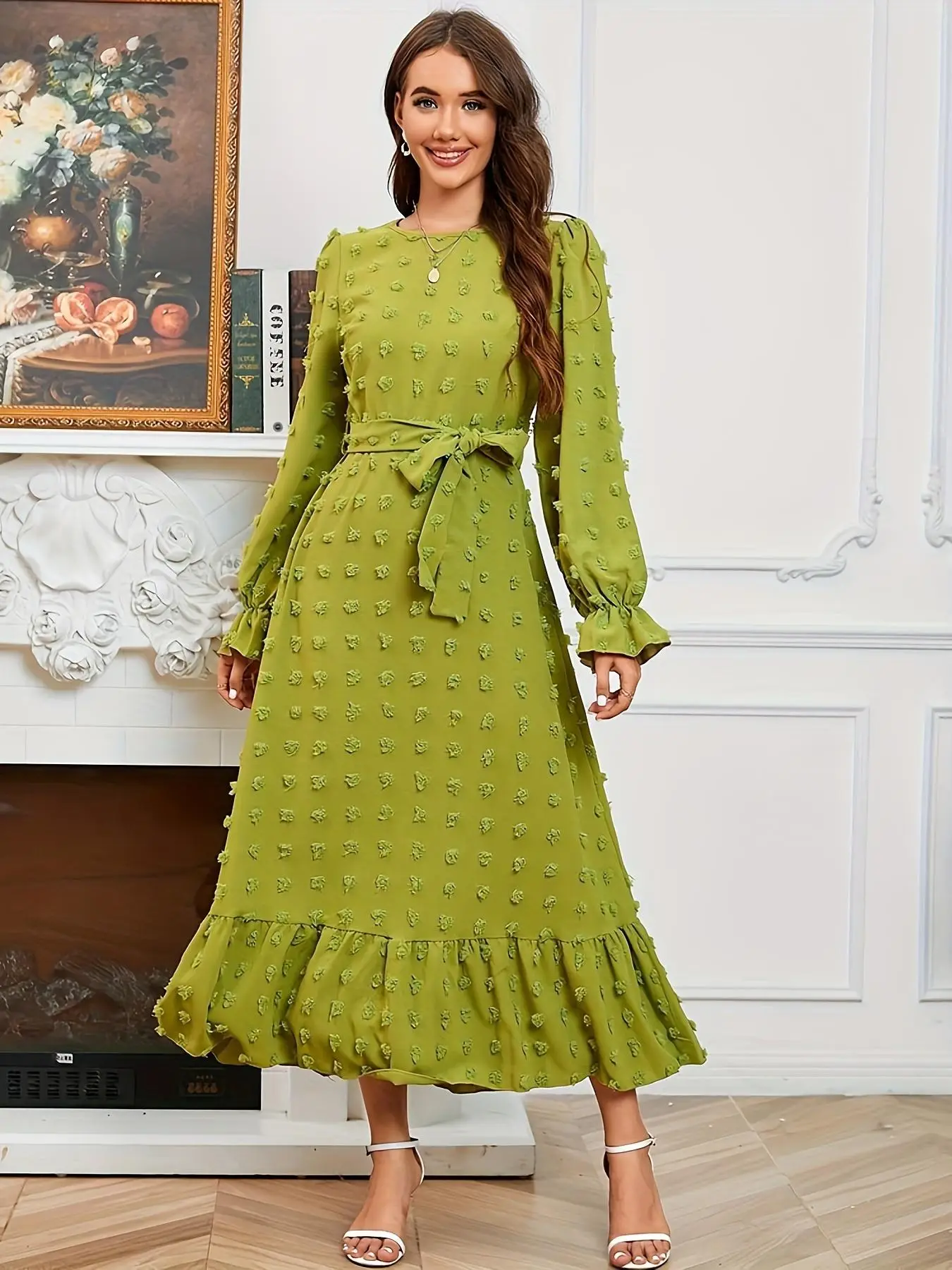 Women's Swiss Dot Ruffle Trim Belted A Line Dress, Elegant Long Sleeve Round Neck Dress for Vacation Holiday Wedding Guest, Ladies Clothes for All Sea