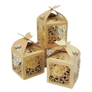 25 Pack Gold Butterfly Top Laser Cut Lace Favor Candy Gift Boxes