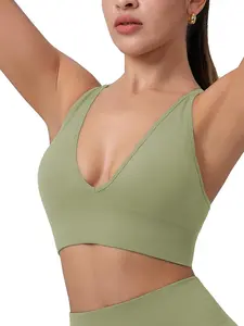 Women's Criss Cross Backless Deep V Neck Sports Bra, Solid Adjustable Strap Removable Padded Sports Bra, Ladies Sportswear for Indoor Outdoor Wear Yoga Bra