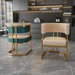 Modern Dining Chairs Set of 2, Gold Frame 350lbs, Thick PU Cushion Waterproof Easy Clean, Ergonomic Curved Back Armless for Kitchen Dining, Blue+Neutral