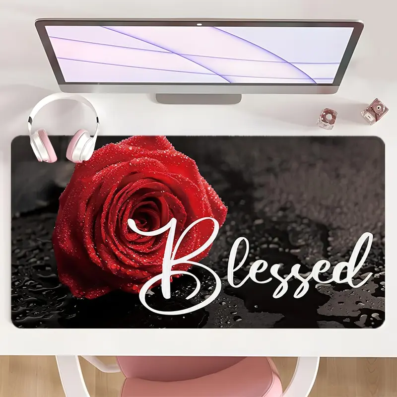 [Mouse Desk Pad] Non-Slip Mouse Pad Large Gaming Mouse Pad With Rubber Base & Stitched Edge Blessed Red Rose Design Desk Top Protector Mat For Home Office Christmas Gift