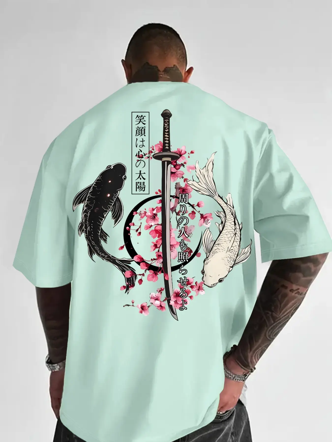 Men's Japanese Koi Sword Cherry Blossom Floral Pattern Loose Short Sleeve T-Shirt, Oriental Japanese Cultural Traditional Kanji Print Casual Top, Asian Style Streetwear, Menswear