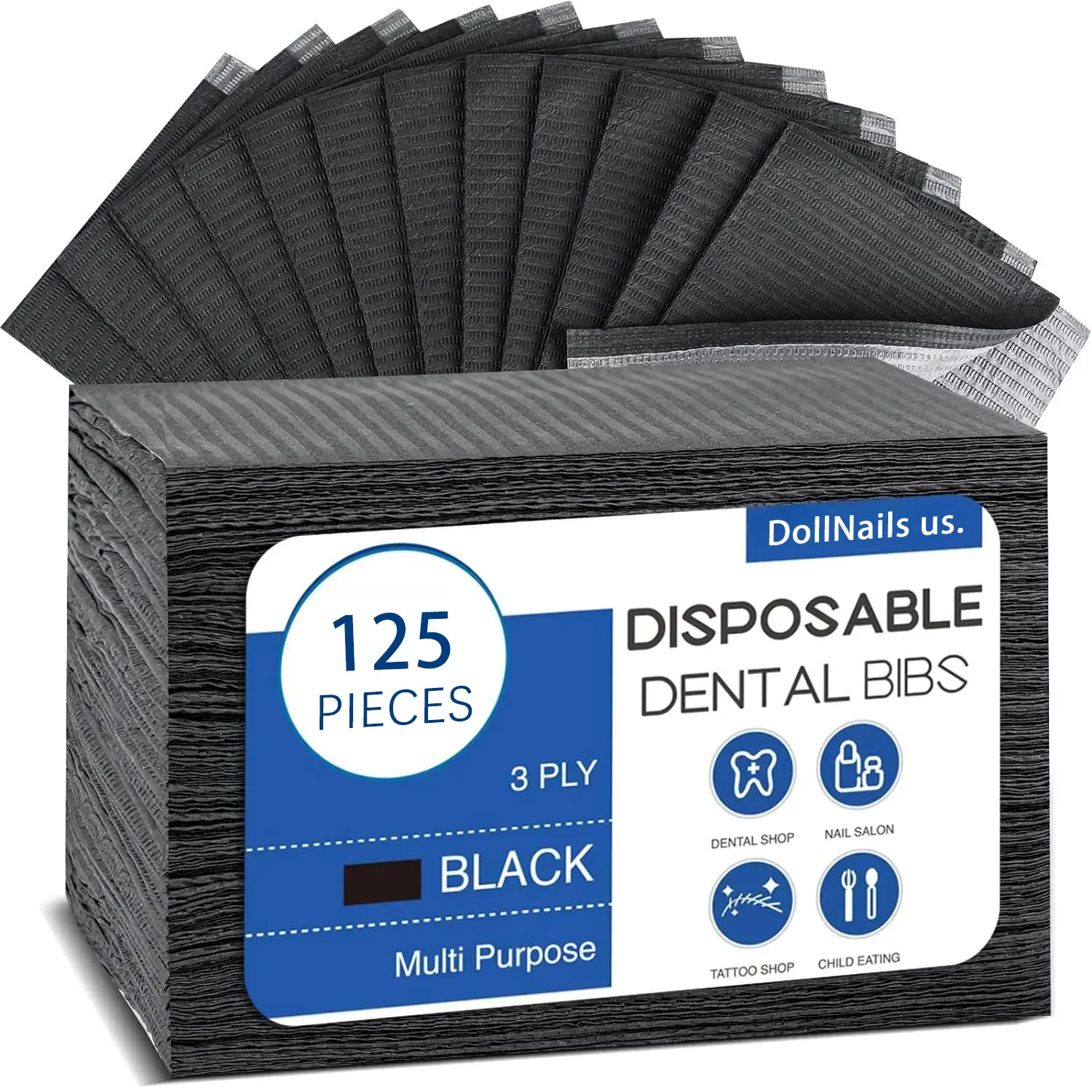 Disposable Black Dental Bibs, 12.99inch X 17.72inch (125pcs) - 3-Layer Foldable Nail Pads, Cleaning , Dental, Hygiene, Nail Cleaning, Tattoo Tablecloths.