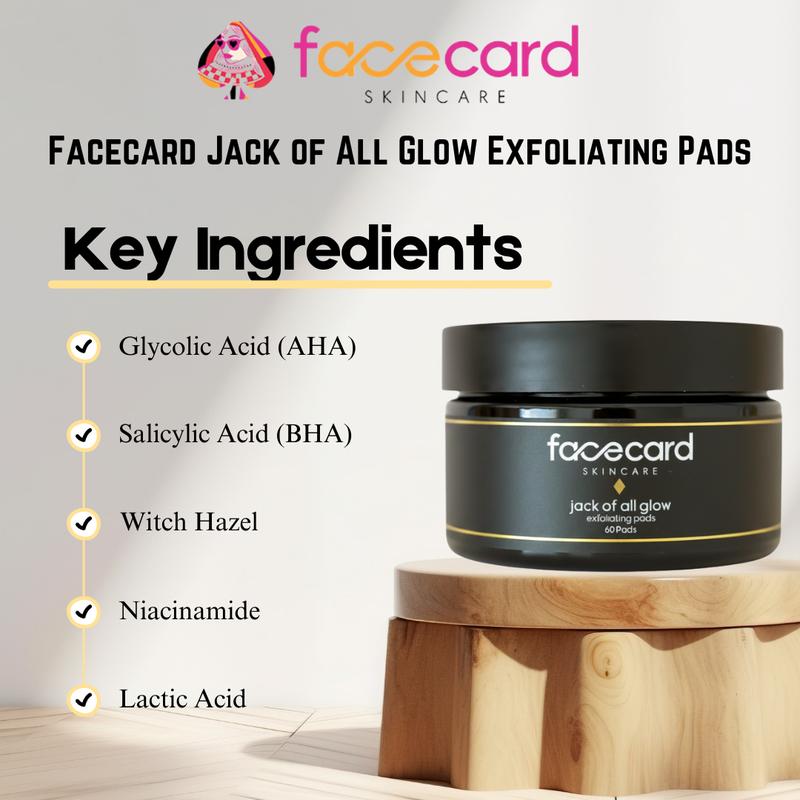 Facecard Jack of All Glow Exfoliating Pads | 60 Daily Facial Exfoliating Pads with Glycolic Acid, Salicylic Acid & Witch Hazel | Gentle Toner Pads for Smooth, Glowing & Brightened Skin