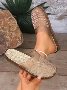 Woven Texture Open Toe Mules, Women, Casual Rubber Sole Design, Perfect for Market Visits & Brunches, Stable Walking Comfort Footwear