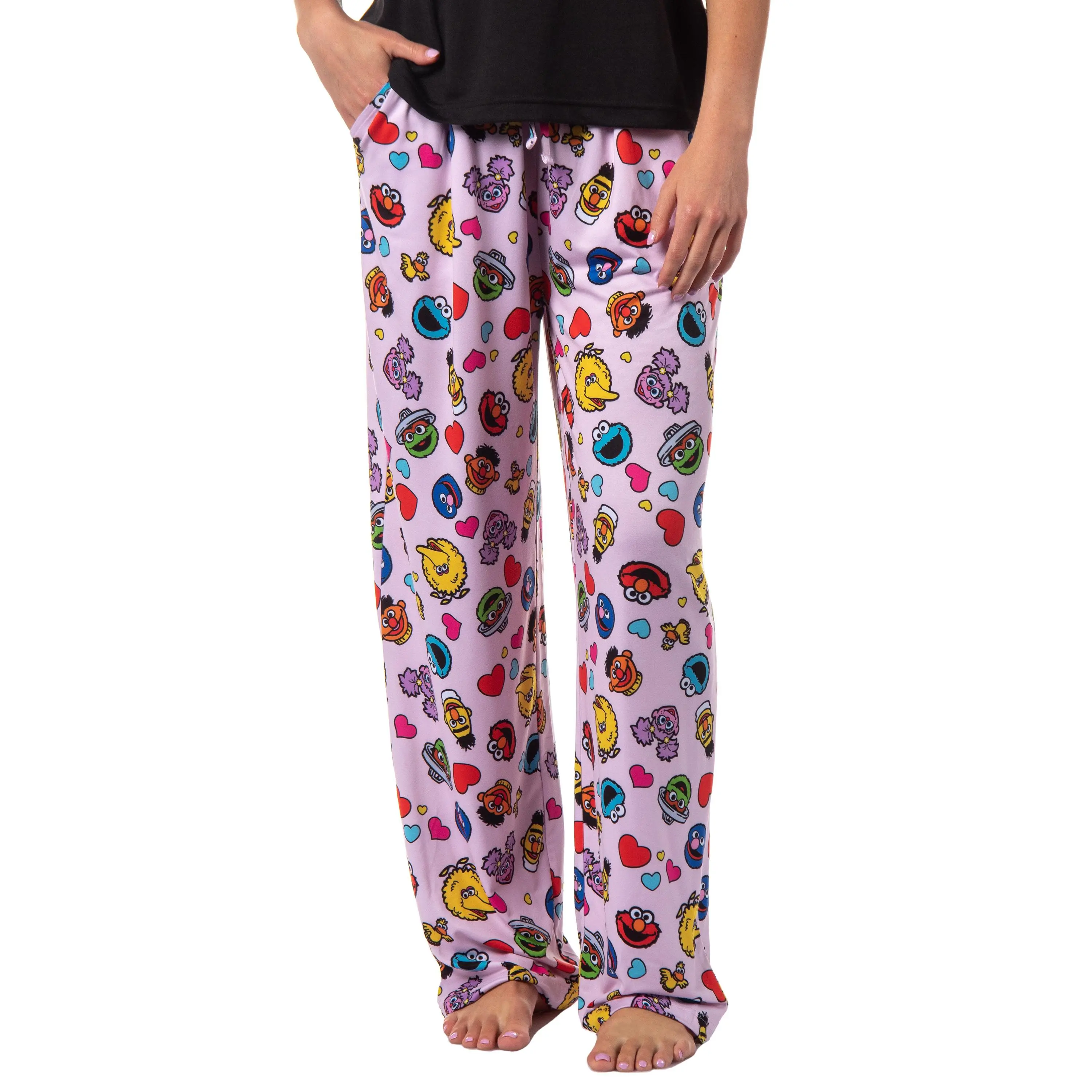 Sesame Street Women's Plush Character Tossed Print Pajama Pants, Lightweight Spandex Nightwear with Pockets and Elastic Waist, Everyday, Comfortable