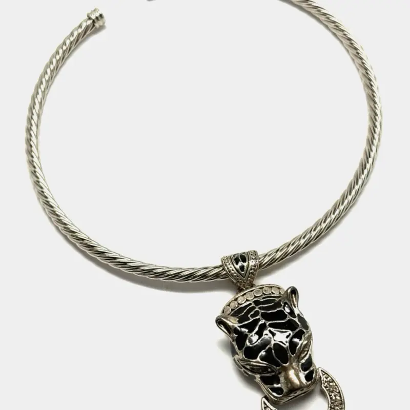 Vintage Silver Plated Cheetah Leopard Door Knocker Slider Statement Necklace with Green Eyes and Gold Accents
