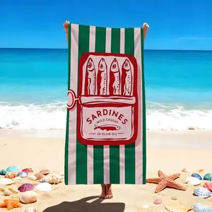 1 PC Beach Essentials: Green Stripe Sardine Print Towel, Design beach towel, Striped Pattern Towel, for Relaxing by the Sea Quick-drying, water-absorbent, lightweight, anti-sand-sticking, suitable for swimming pools, spas, leisure, fitness, camping