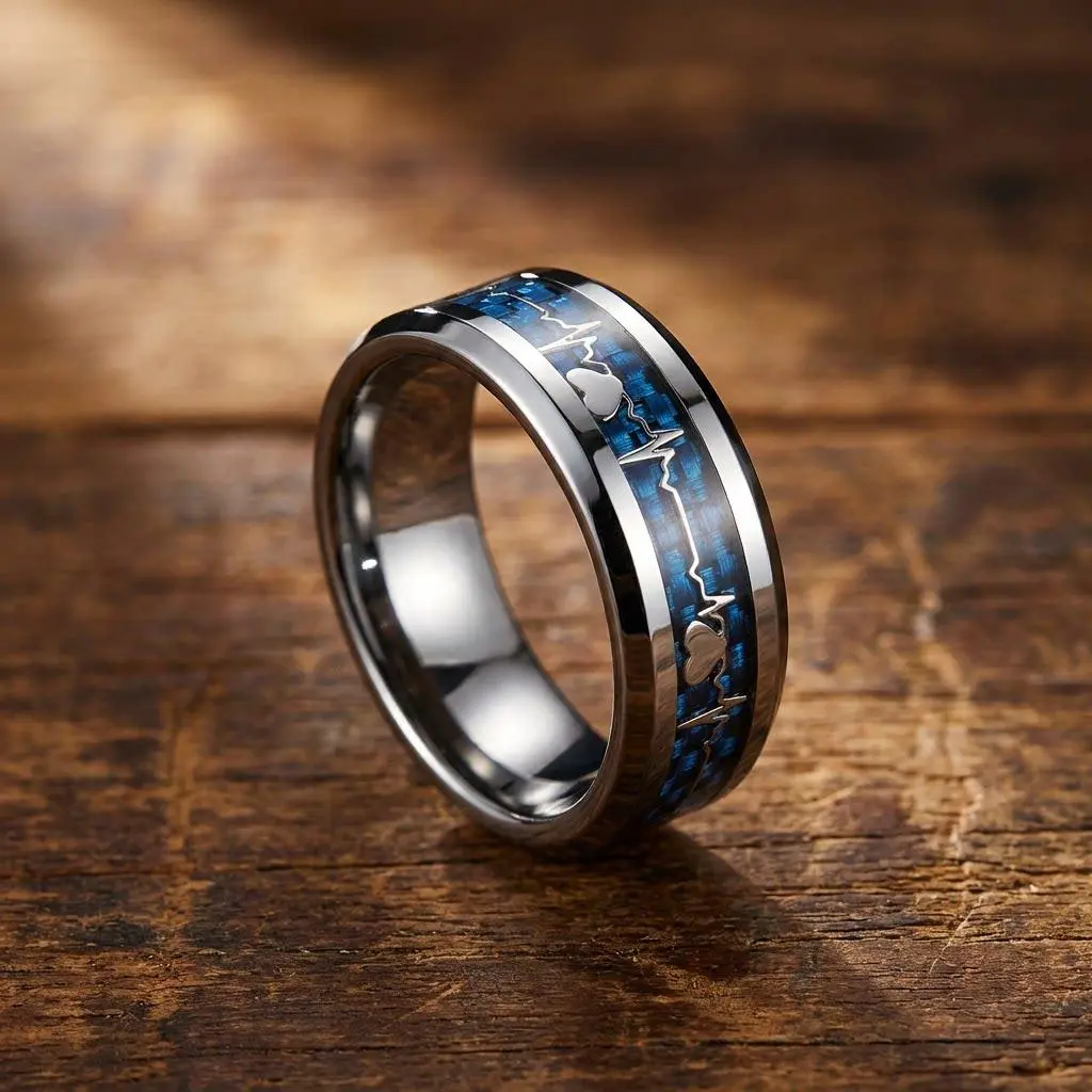 SUNFLOWERZHU Men Stainless Steel Ring Heart Line Inlay Wedding Band Romantic Promise Ring Polished  Fashion Jewelry