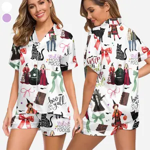 Coquette Hocus Pocus Satin Pajamas Set for Women, Print Comfy Satin Sleepwear & Loungewear Pjs, Nightwear, Halloween Gift, Gift for Her