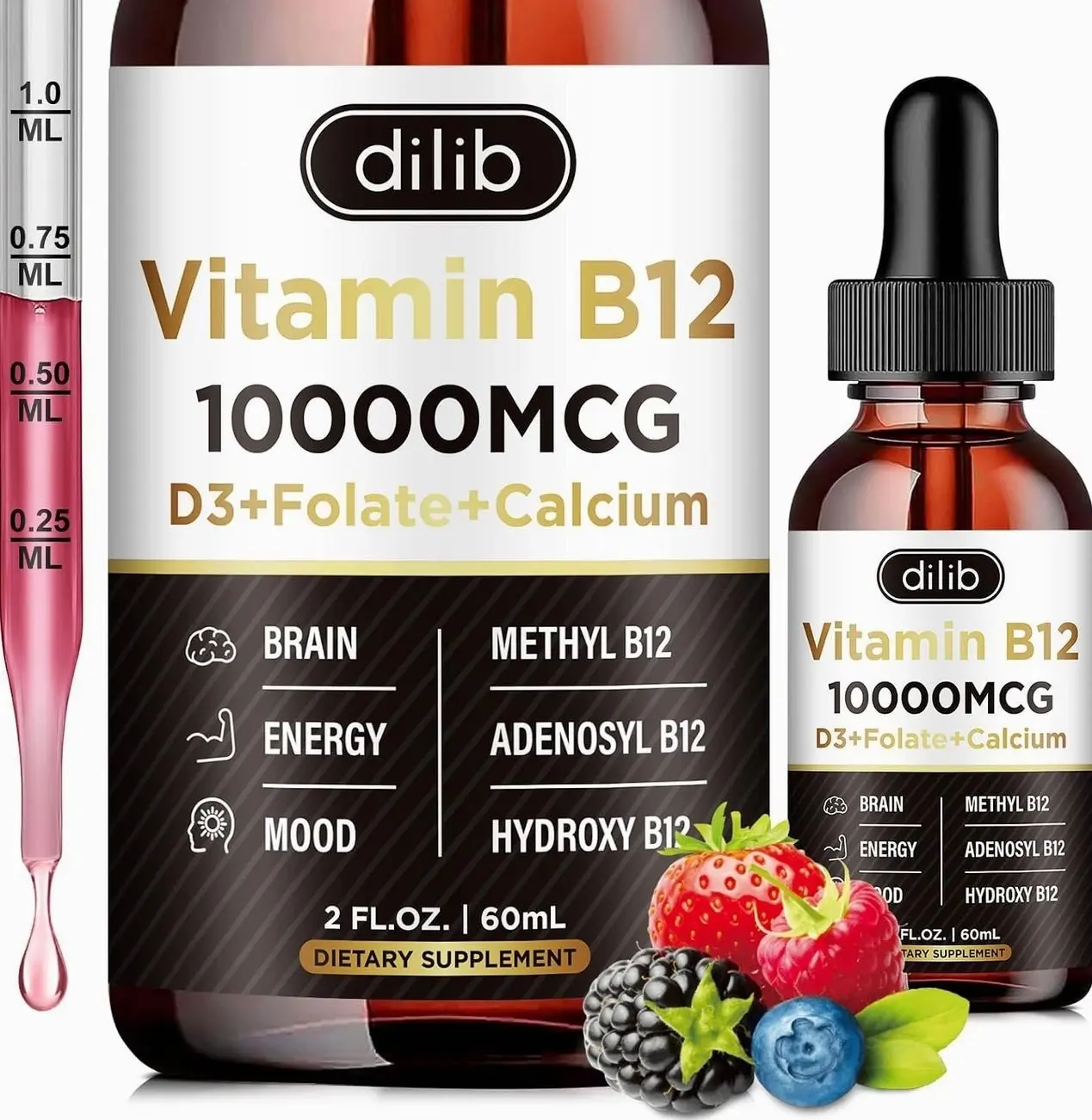 Vitamin B12 Complex 10000 mcg | Vegan Triple Liquid B-12 Drops Sublingual Supplement | Methylcobalamin & Adenosylcobalamin & Hydroxo Blend for Long-Lasting Energy and Healthy Metabolism Berry Flavor