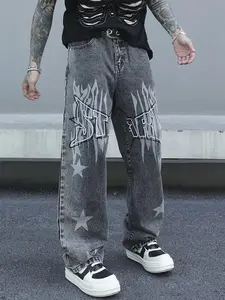 Grey Jeans For Men Streetwear Y2k Loose Fit Wide Leg Letter Embroidery Straight Denim Pants Menswear Fashion Trousers