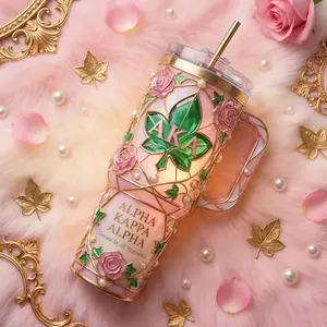 Alpha Kappa Alpha Tumbler with Handle – AKA Sorority Luxury Mug, Pink & Green Stainless Steel Cup, Perfect AKA Gift