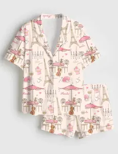 Women’s Bonjour Paris Eiffel Tower Travel To France Sister Party Coffee Short Sleeve Pajama Set #pajamas