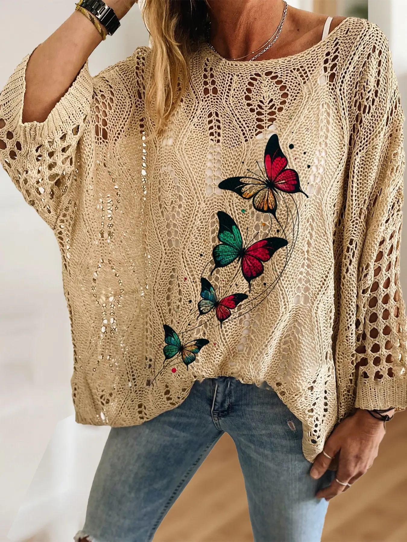 Women's Vintage Butterfly Animal Print Casual Knitting Top, Batwing, Casual Elegant Aesthetic Vacation Style, Comfortable Breathable Loose Fit, Spring Summer Fall Fashion, Knitwear, Womenswear
